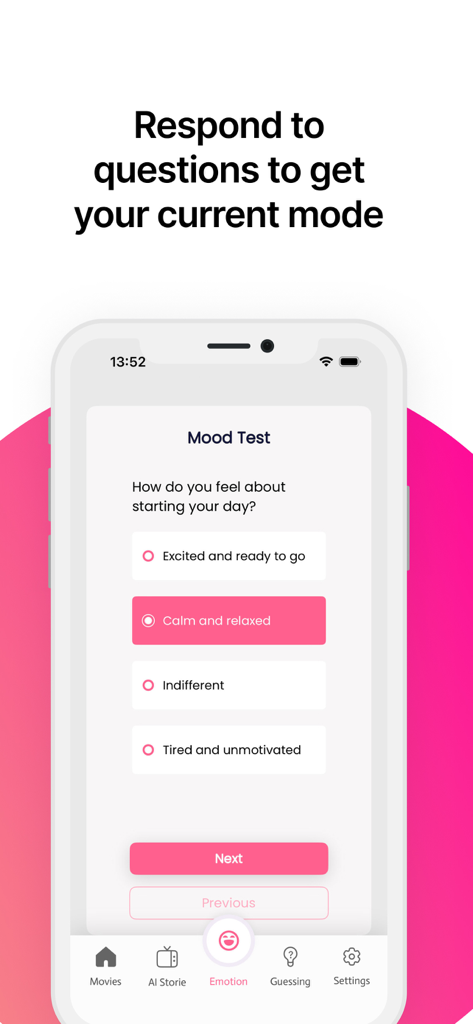 Interface de l'application Moto Auction montrant un questionnaire de test d'humeur pour aider les utilisateurs à trouver des films en fonction de leurs sentiments actuels.