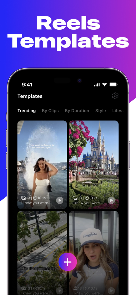 Edits: Reel Maker Video Editor - Smartphone interface of the Edits app displaying various trending video reel templates for social media.