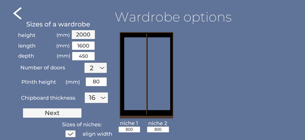 Wardrobe options interface for setting cabinet dimensions and material thickness