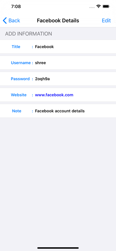 PassDiary Password Manager - Um ecrã no PassDiary mostrando detalhes de login do Facebook armazenados, incluindo nome de utilizador e palavra-passe.
