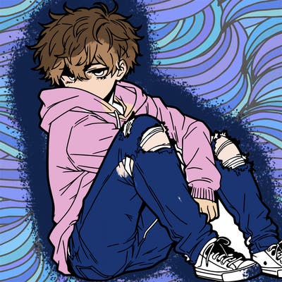 a male hoddie ripped jeans messy hair anime