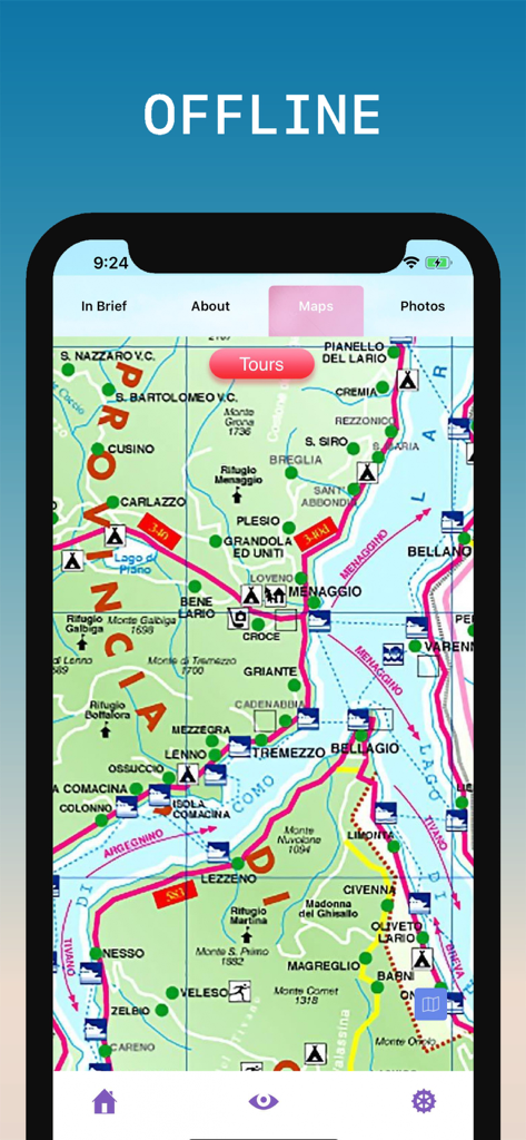 Offline map of Lake Como region showing towns and ferry routes in the travel guide app