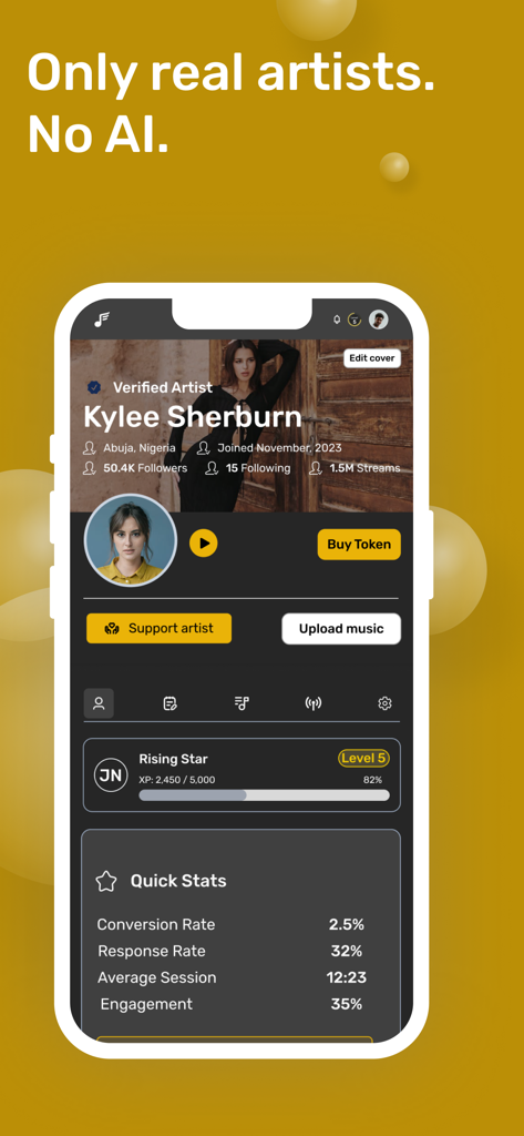 Freecords app interface showing a verified artist profile with streaming analytics and engagement statistics