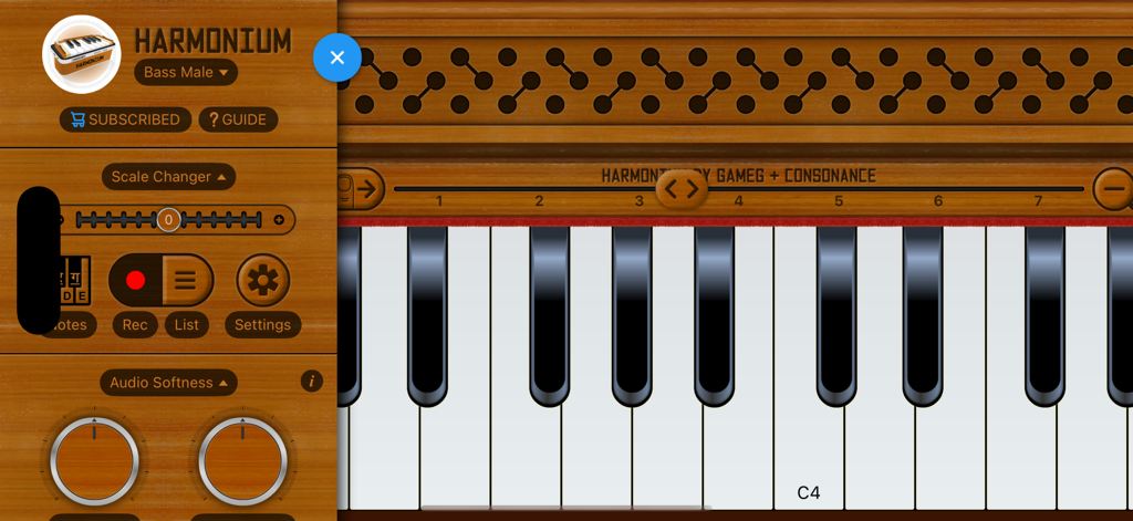 Harmonium - Official App - Interfaz de teclado de armonio virtual con textura de madera y controles de práctica