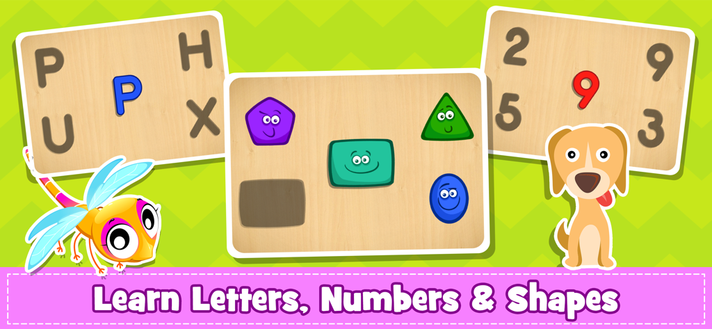 Kids Puzzle & Toddler Games 2+ - Interfaz de juego educativo para niños con puzzles de madera para emparejar letras, números y formas.