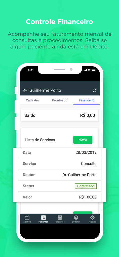 A smartphone showing the financial management screen of a medical practice app with patient billing records