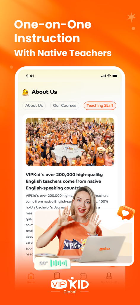VIPKid - Interface de l'application mobile VIPKid présentant un enseignement d'anglais individuel avec des professeurs natifs nord-américains.