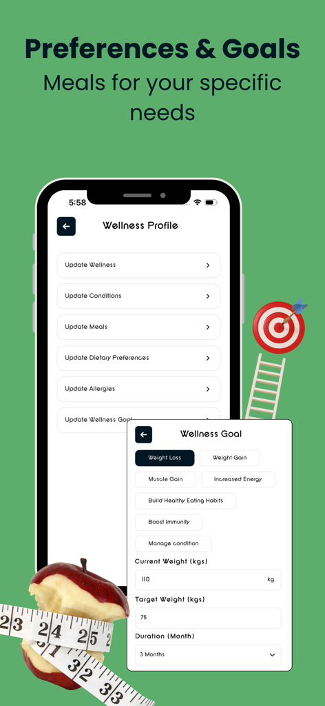 NM: AI Meal Planner & Wellness - Personalized wellness profile and goal setting screens in the NM AI Meal Planner app
