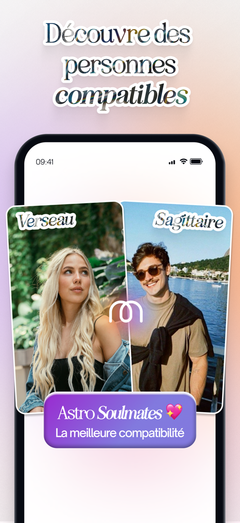 moonz: App de rencontre astro - Application de rencontre moonz montrant la compatibilité astrologique entre une femme Verseau et un homme Sagittaire
