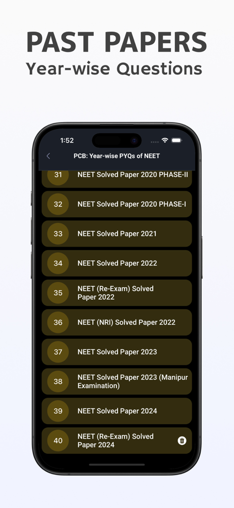 NEET: Past Solved Papers - A list of year-wise NEET solved papers from 2020 to 2024 in a mobile study app