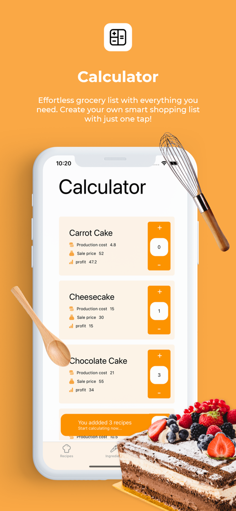 Chef's Aidキッチンプランナーアプリ。ベーカリーレシピの製造原価と利益率を表示