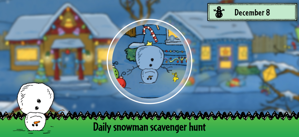 Daily snowman scavenger hunt game in the Peanuts Advent Calendar app for December 8