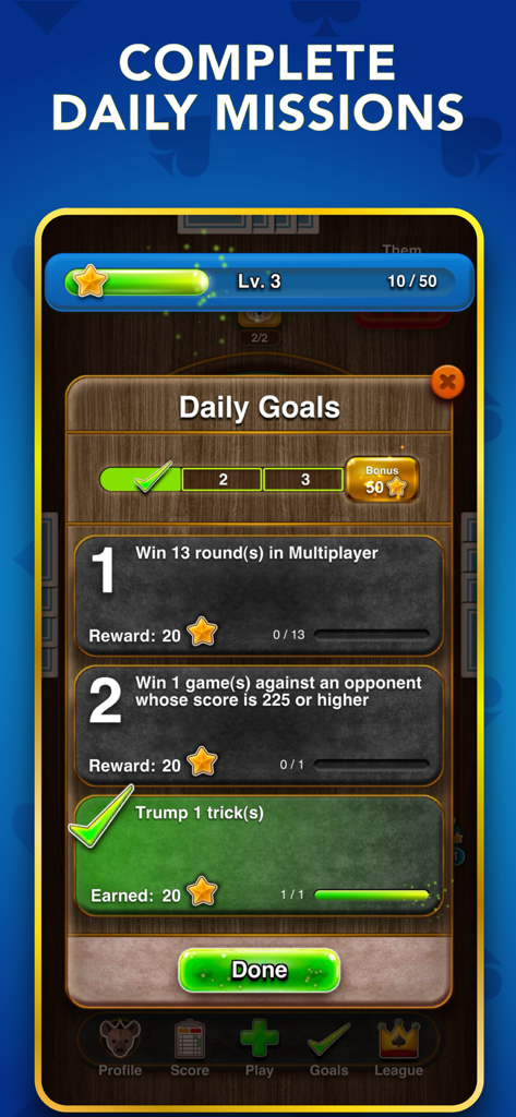 Spades the Card Game - Interfaz de Spades Classic Card Game mostrando la pantalla de objetivos y misiones diarias con rastreadores de progreso y recompensas.