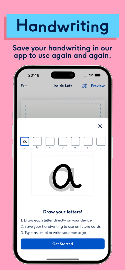 Schermata mobile dall'app Moonpig che dimostra come disegnare e salvare la calligrafia personale per i biglietti d'auguri