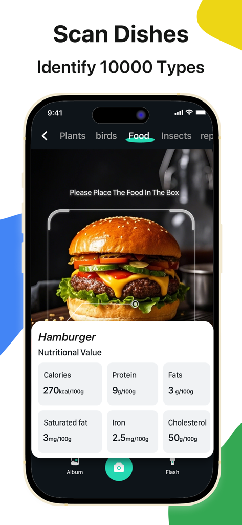 Scanner-picture this - Mobile app interface scanning a hamburger to identify it and display nutritional values like calories and protein