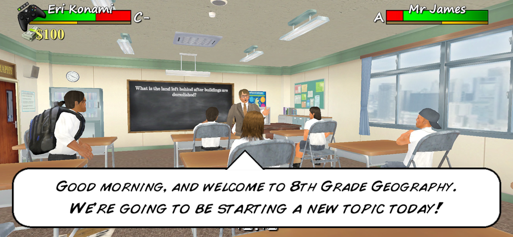 Old School 3D - A classroom scene in Old School 3D where a teacher is welcoming students to an 8th grade geography lesson.