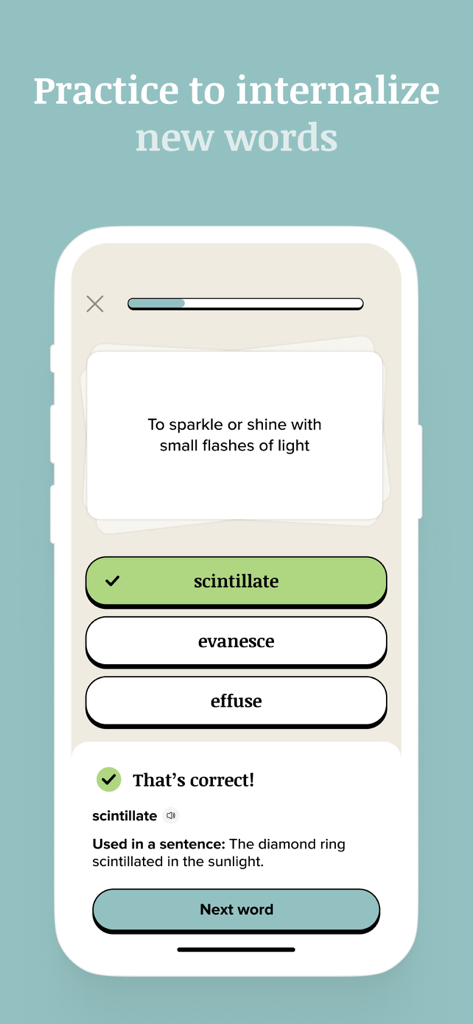 Un écran de quiz mobile dans l'application Vocabulary affichant la définition d'un mot et des réponses à choix multiples pour le mot « scintillate ».