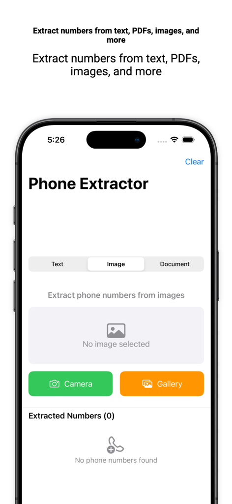 Phone Number Extractor - Interface of the Phone Number Extractor app showing the image extraction tool with camera and gallery buttons.