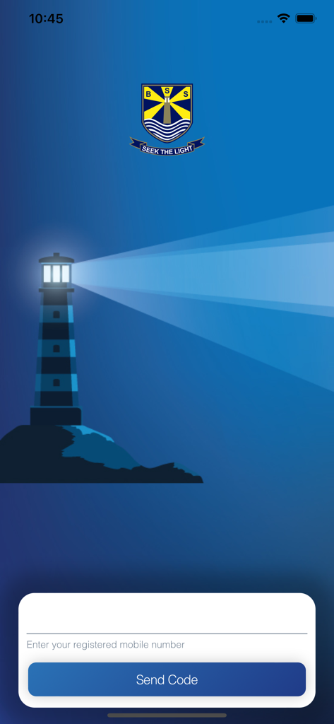Beaconhouse App login screen featuring a lighthouse illustration and mobile number verification field