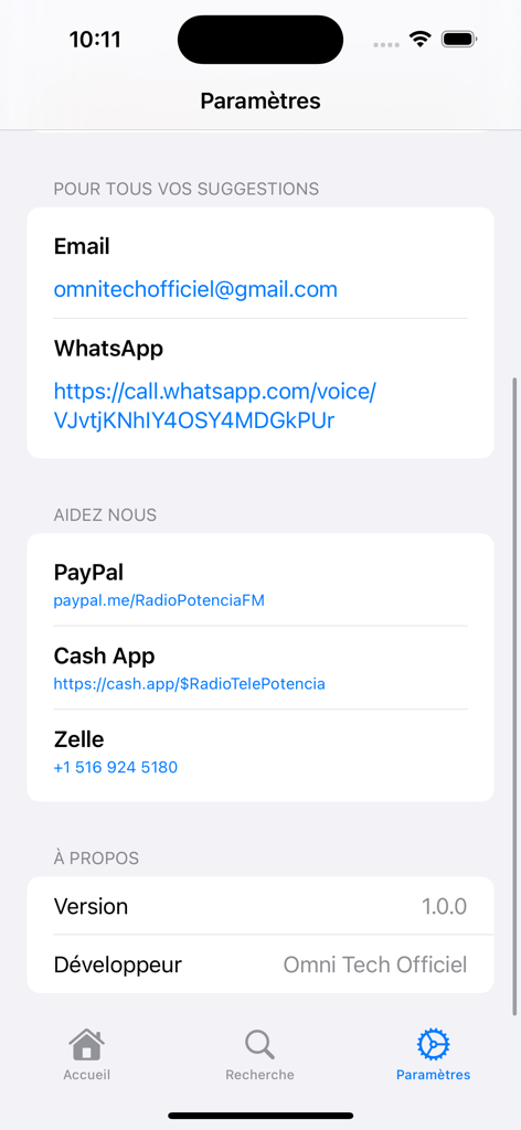 Bible-hymne-Guide - Tela de configurações do aplicativo Guia Bíblia-Hinos mostrando opções de contato e suporte em francês.