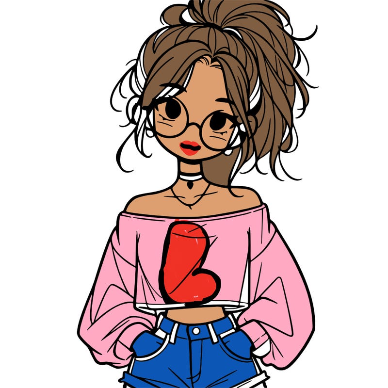 girl with a messy ponytail glasses a baggy crop top and jean shorts