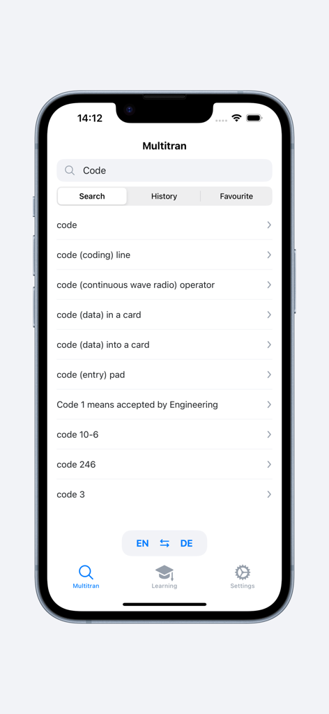 Multitran app search screen showing technical dictionary results for the word code.