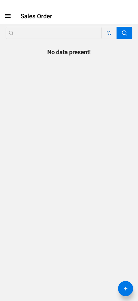 Interfaccia ordine di vendita vuota nell'applicazione mobile ERP Elastik che non mostra dati e presenta un pulsante di aggiunta.