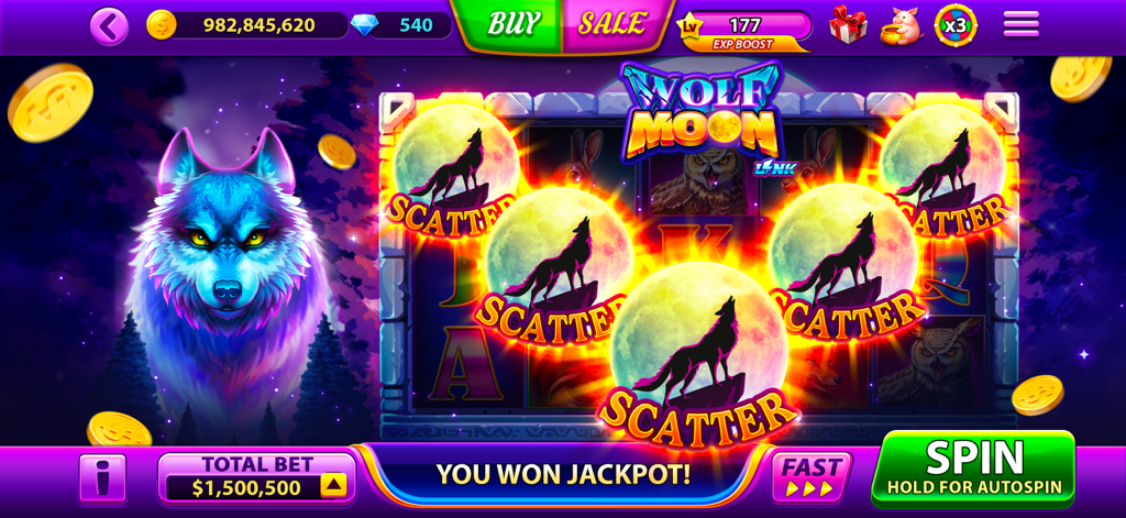 Full House Casino: 777 Slots - Wolf Moon slot machine displaying five scatter symbols and a jackpot win notification