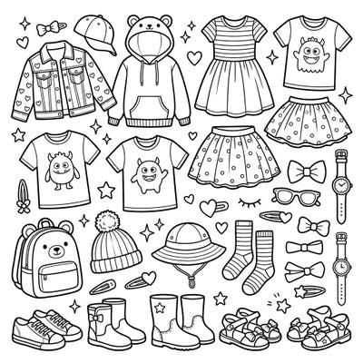 Spark your child's imagination with this delightful coloring page packed with charming children's fashion items. Designed for kids aged 4-8, it's a perfect activity to explore colors and styles.