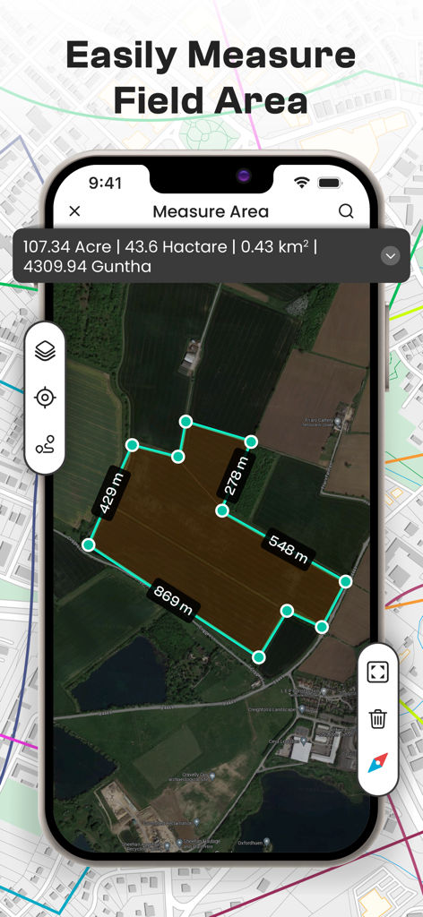 GPS Fields Area Measure on Map - Visualização de mapa de satélite mostrando a medição da área do campo em acres e hectares