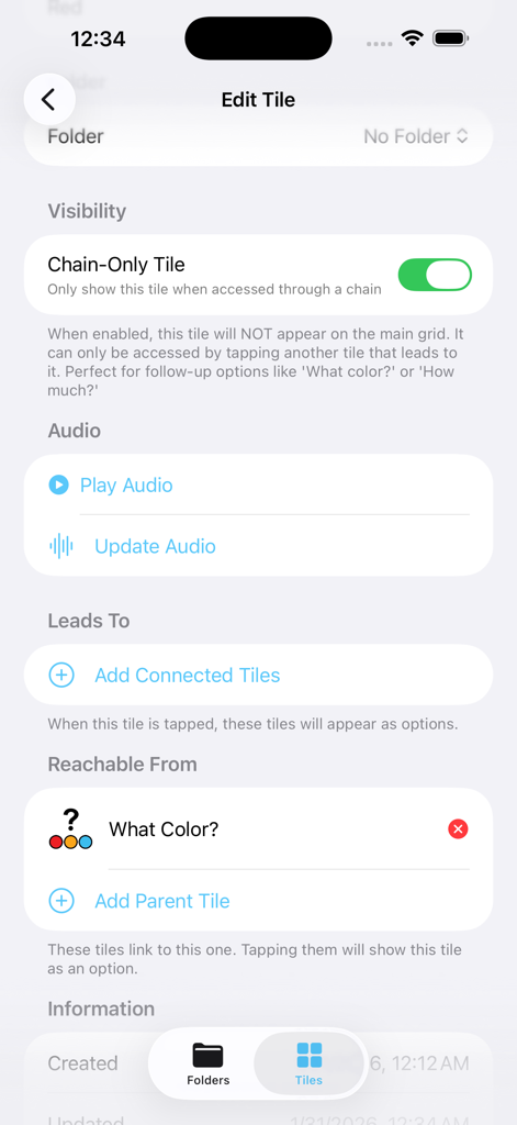 My Voice AAC - Edit Tile screen in My Voice AAC app showing options to customize audio and link tiles for conversational chains.