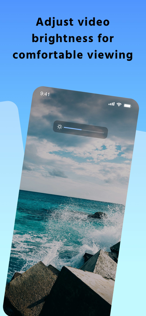 CineStream-Effortless Import - 再生中のビデオ上に表示される明るさ調整スライダーオーバーレイを示すCineStreamアプリインターフェース。