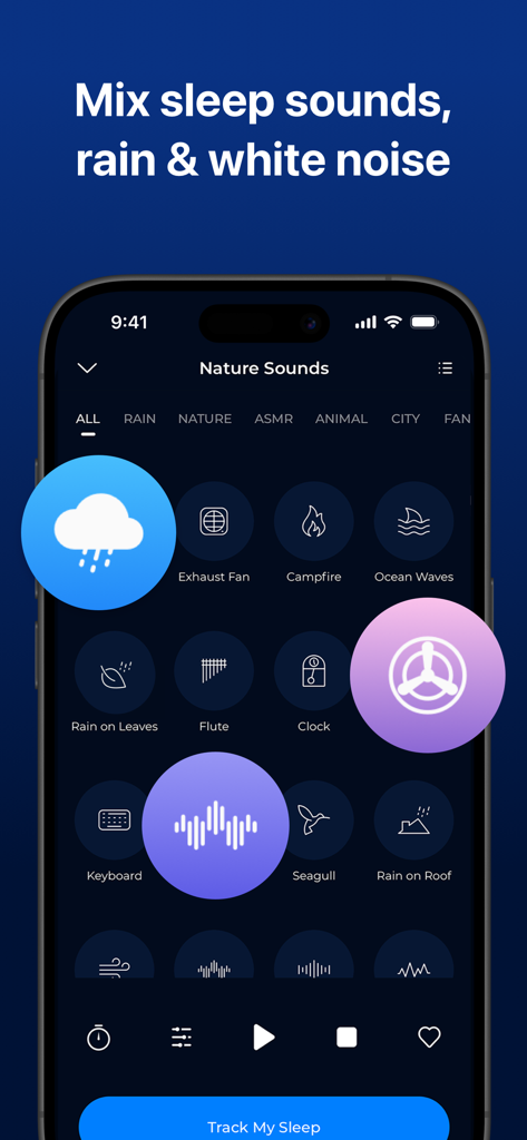 ShutEye®: Sleep Tracker, Sound - ShutEyeアプリインターフェースが雨、自然、ホワイトノイズのアイコンなど、さまざまなカスタマイズ可能な睡眠サウンドを表示