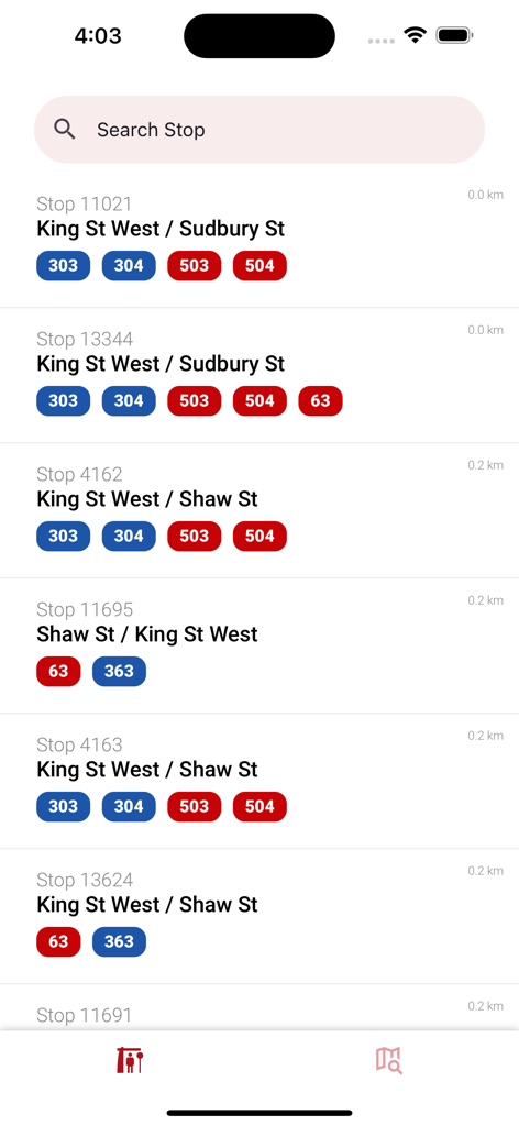 Toronto Transit (TTC, GTA, GO) - 近くのバス停とバスルートのリストを表示するトロント交通アプリ画面