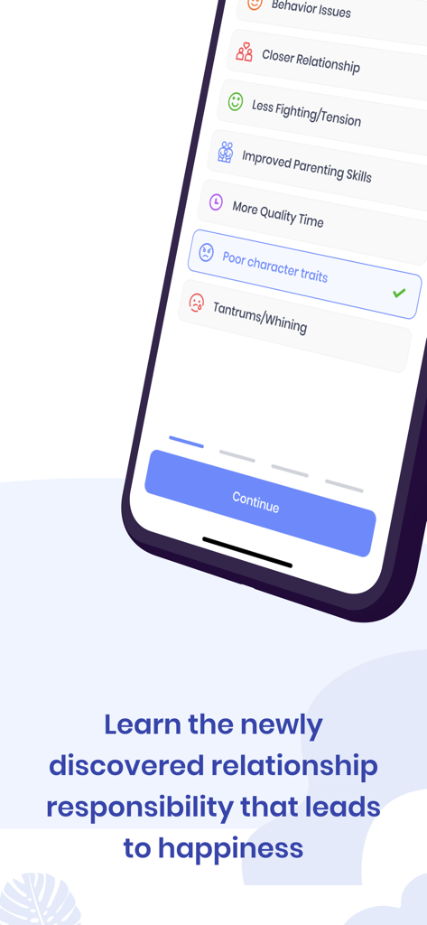 The Happy Child-Parenting App - A smartphone showing The Happy Child app interface with a list of parenting goals like improved parenting skills, closer relationships, and tantrums management.