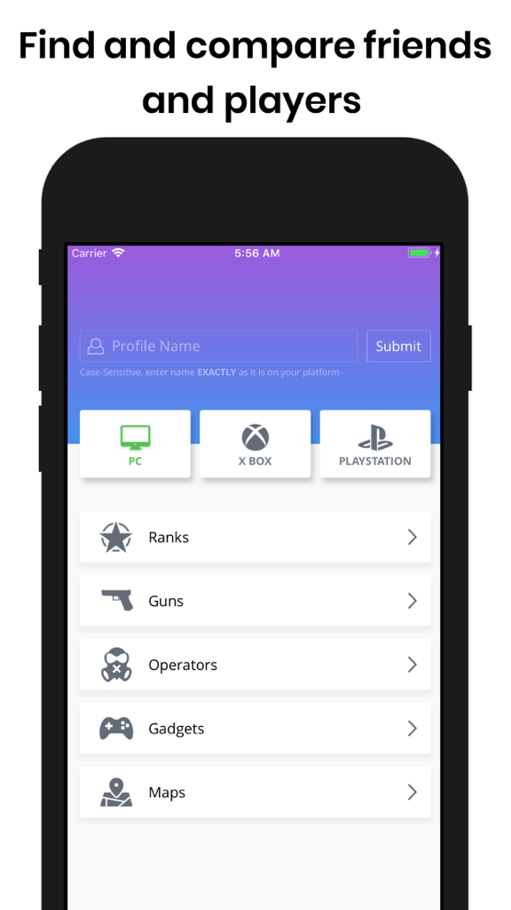 R6 Stats and Maps Companion app interface showing the profile search feature and main menu categories