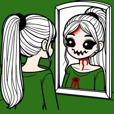a realistic girl looking at herself in a mirror