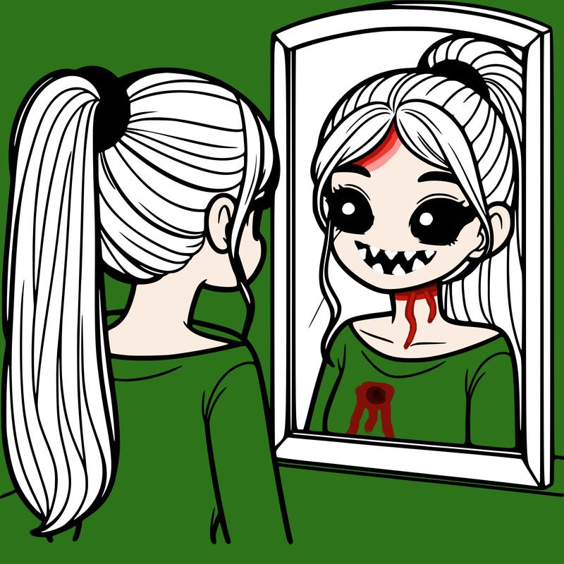 a realistic girl looking at herself in a mirror