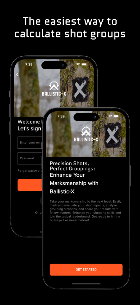 Ballistic X app splash screen on iPhone showing precision marksmanship and shot group calculation tools