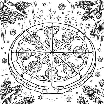 Indulge in a unique coloring experience with this charming Margherita pizza set against a festive winter wonderland. This delightful scene invites you to blend the warmth of Italian cuisine with the magic of a snowy day.