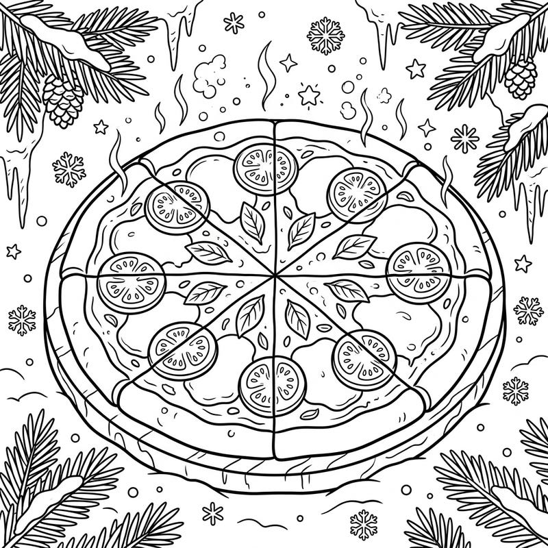Indulge in a unique coloring experience with this charming Margherita pizza set against a festive winter wonderland. This delightful scene invites you to blend the warmth of Italian cuisine with the magic of a snowy day.