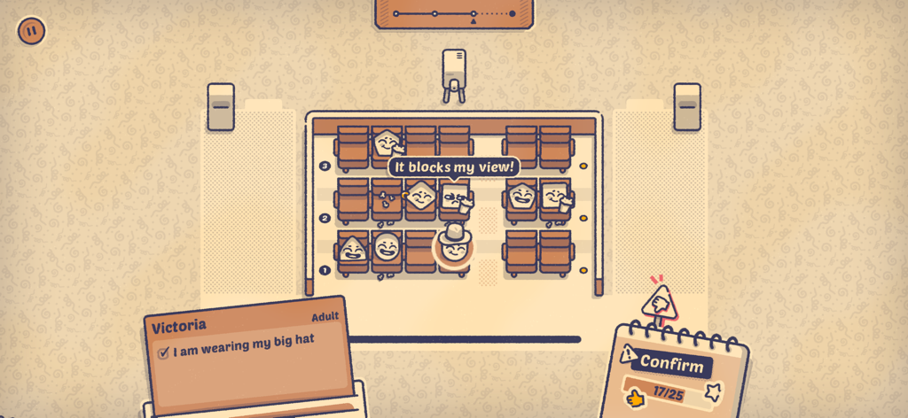 Is This Seat Taken? - A cozy logic puzzle scene in a cinema where a character wearing a large hat is blocking the view of someone sitting behind them.