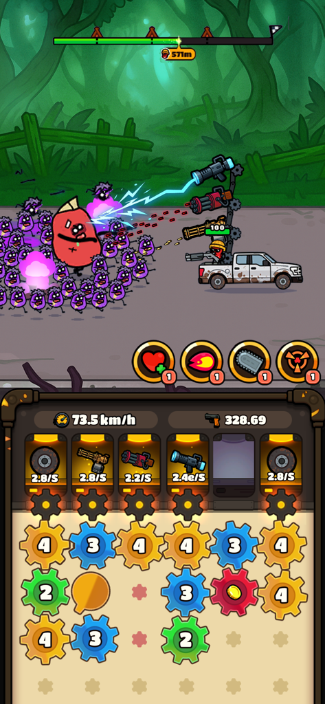 Gear Truck gameplay featuring a truck fighting zombies and a gear merge system