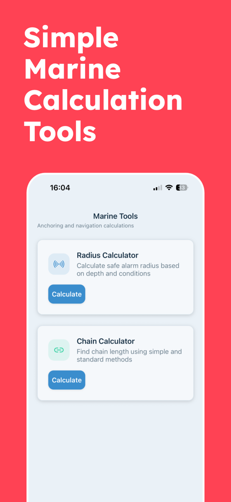 Safety Anchor Alarm - Interface of the Safety Anchor Alarm app showing radius and chain calculator tools for marine navigation