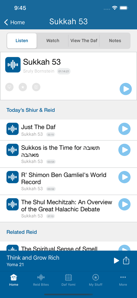 Lakewood Daf Yomi - Lakewood Daf Yomi app interface showing Talmud audio lectures for Sukkah 53