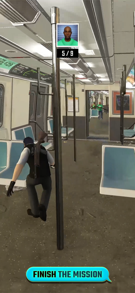 A stealth agent crouching behind a pole in a subway train during a mission in Agent Hunt.