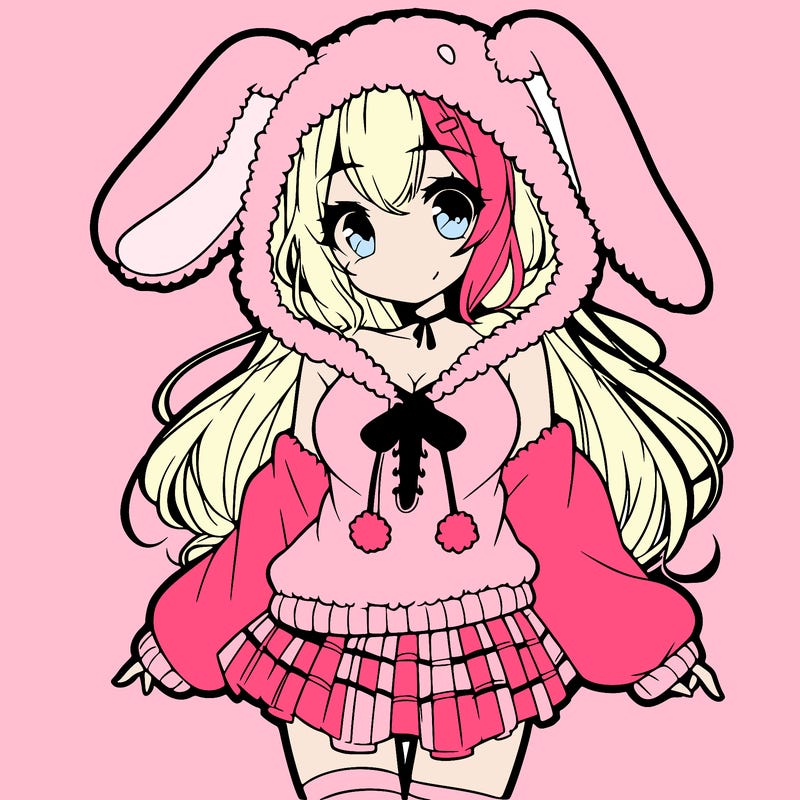 pretty anime girl wearing a fluffy hoodie with bunny ears on the hood and a skirt