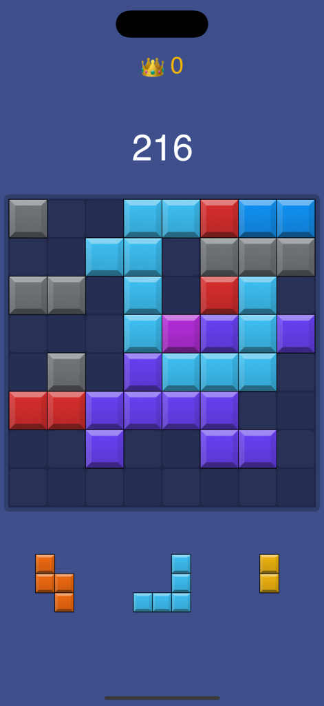 BlockFit for Watch Puzzle - Interfaz del juego de rompecabezas BlockFit con bloques coloridos y visualización de puntuación