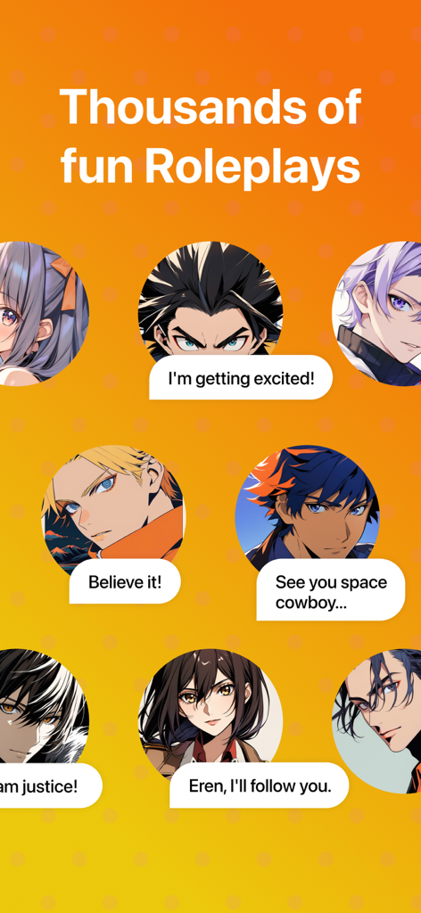 Fantasy AI - Character Chat - Oberfläche der Fantasy AI App, die verschiedene Anime-Charaktere für Rollenspiele anzeigt