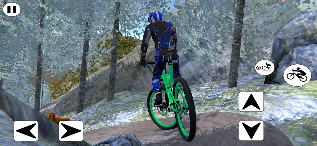 BMX Cycle Extreme Bicycle Game - A player riding a green mountain bike through a forest trail in the BMX Cycle Extreme game